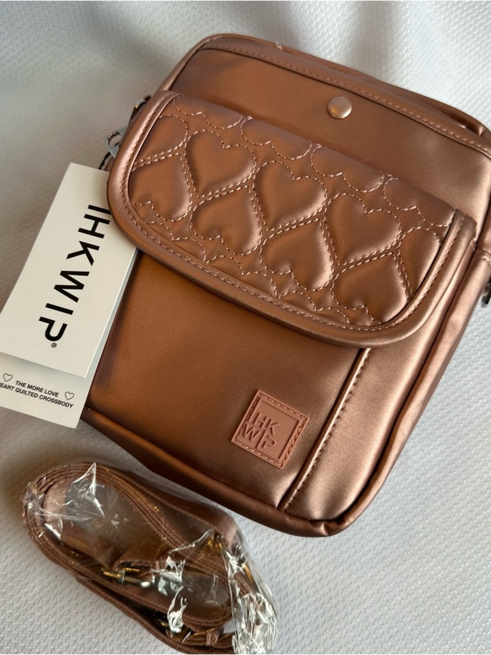 NWT IHKWIP Rose Gold Quilted Heart Crossbody Bag
